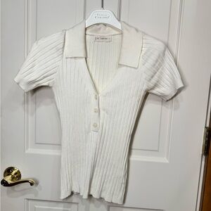 By Together Ribbed Collared Knit Top Cream Short Sleeve Button Front Size S